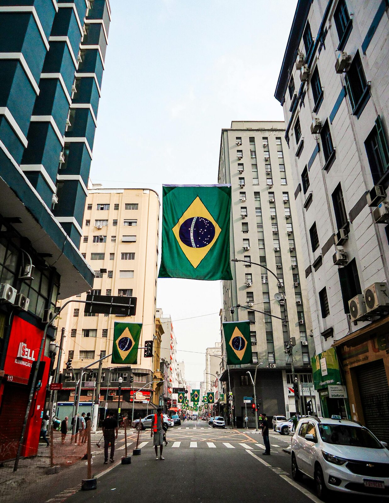 Street with Brazilian flags in the historic centre