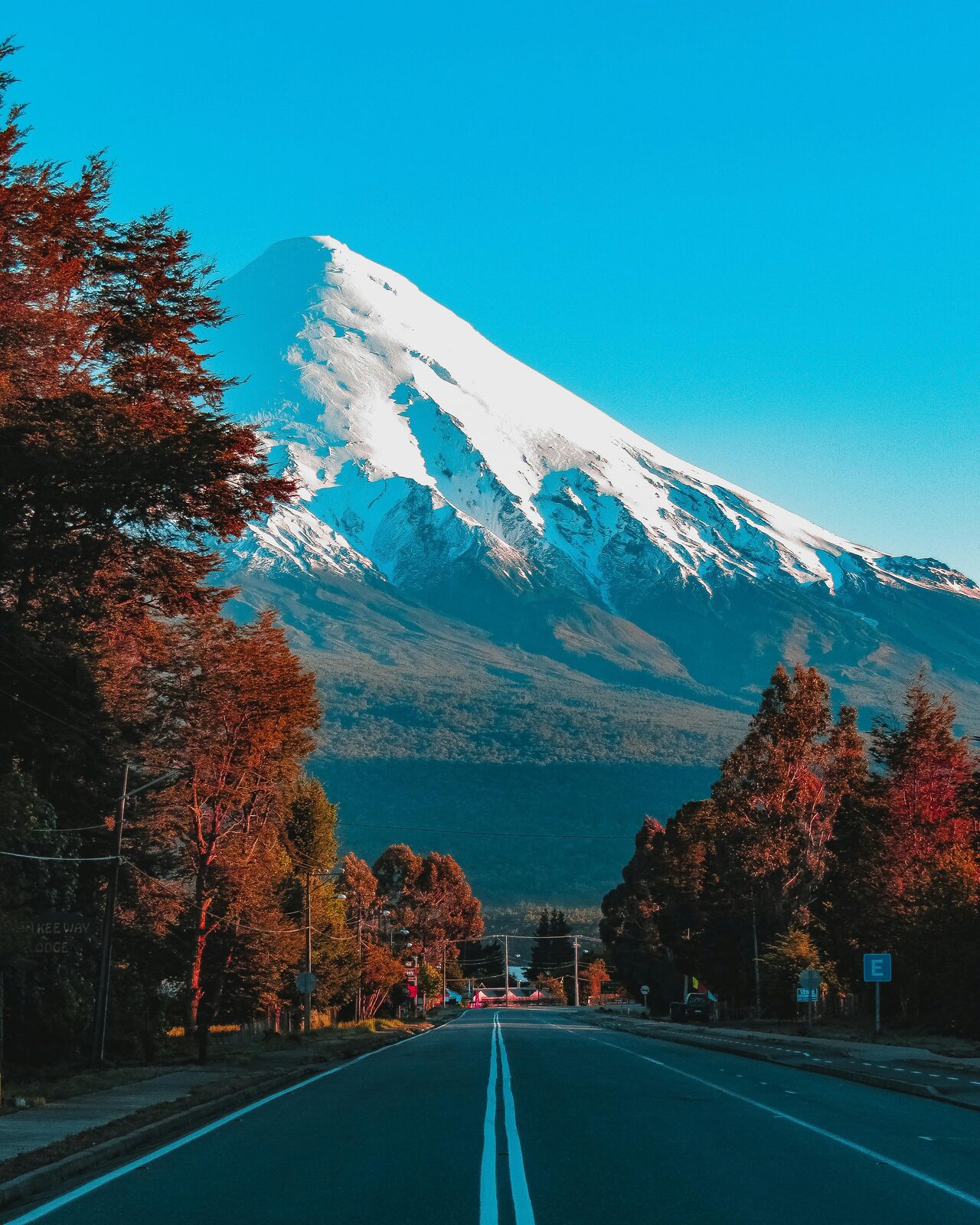 A southern Chilean lake with a snow-capped volcano and autumn forest