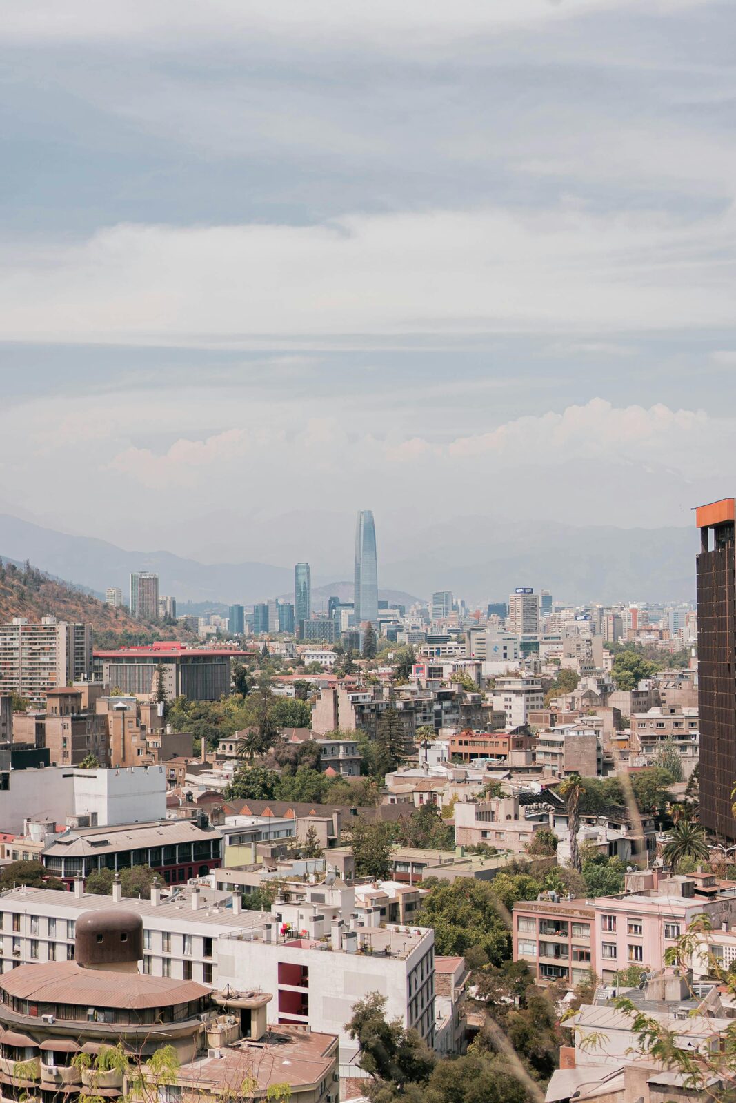 Santiago skyline at sunset with the Gran Torre