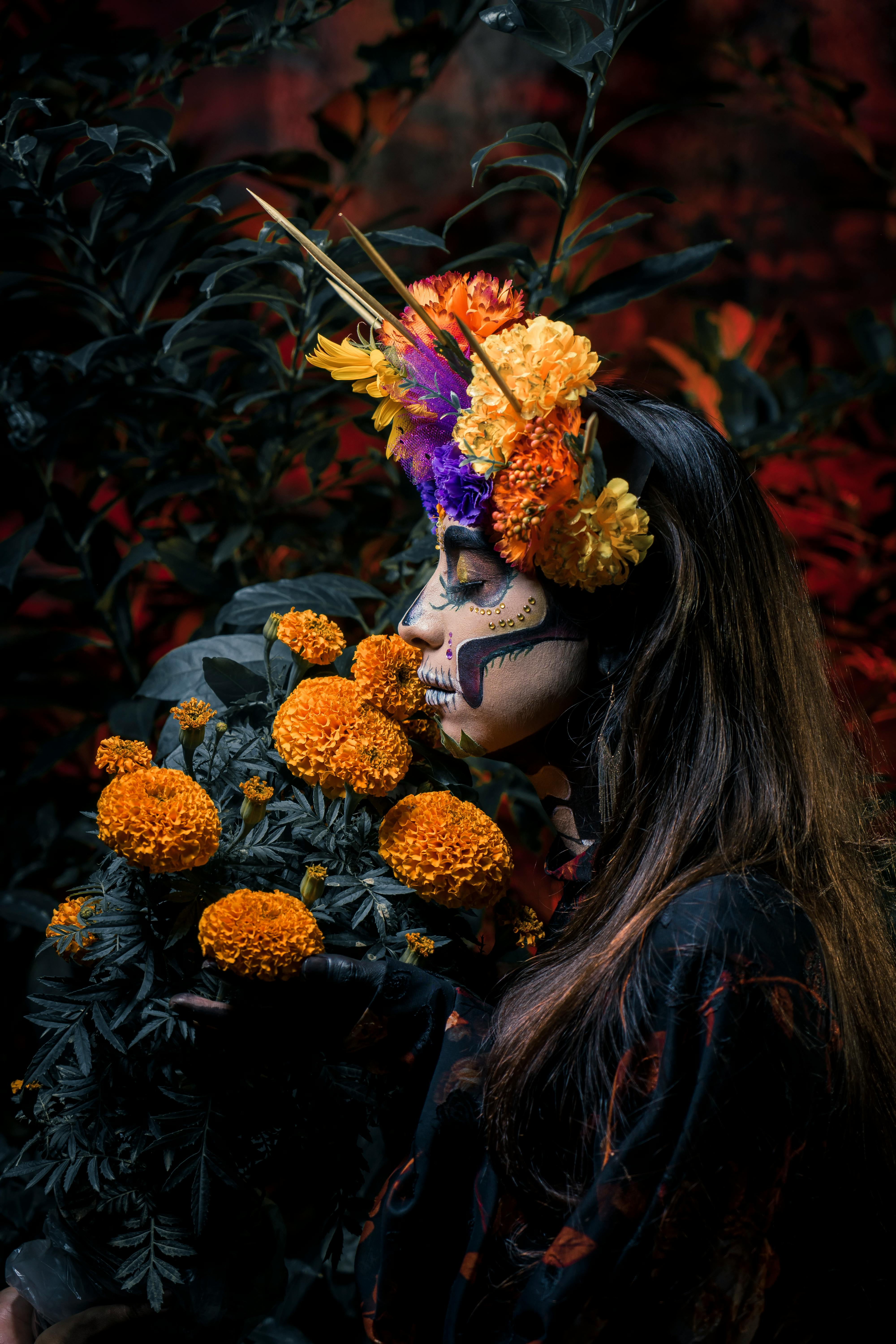 Catrina in profile among cempasúchil flowers, Día de Muertos portrait