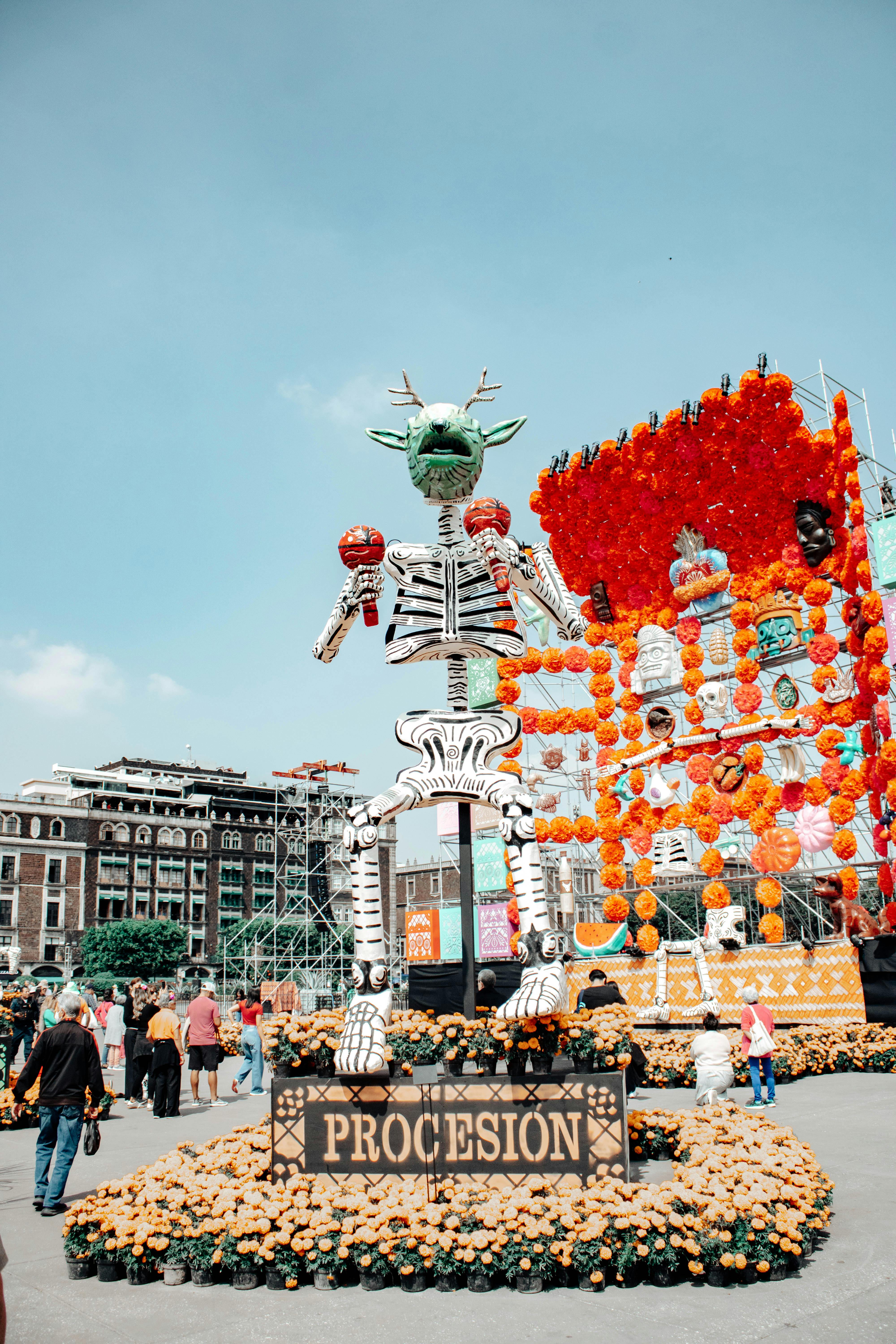 Mexico City, monumental offering in the Zócalo with cempasúchil alebrije