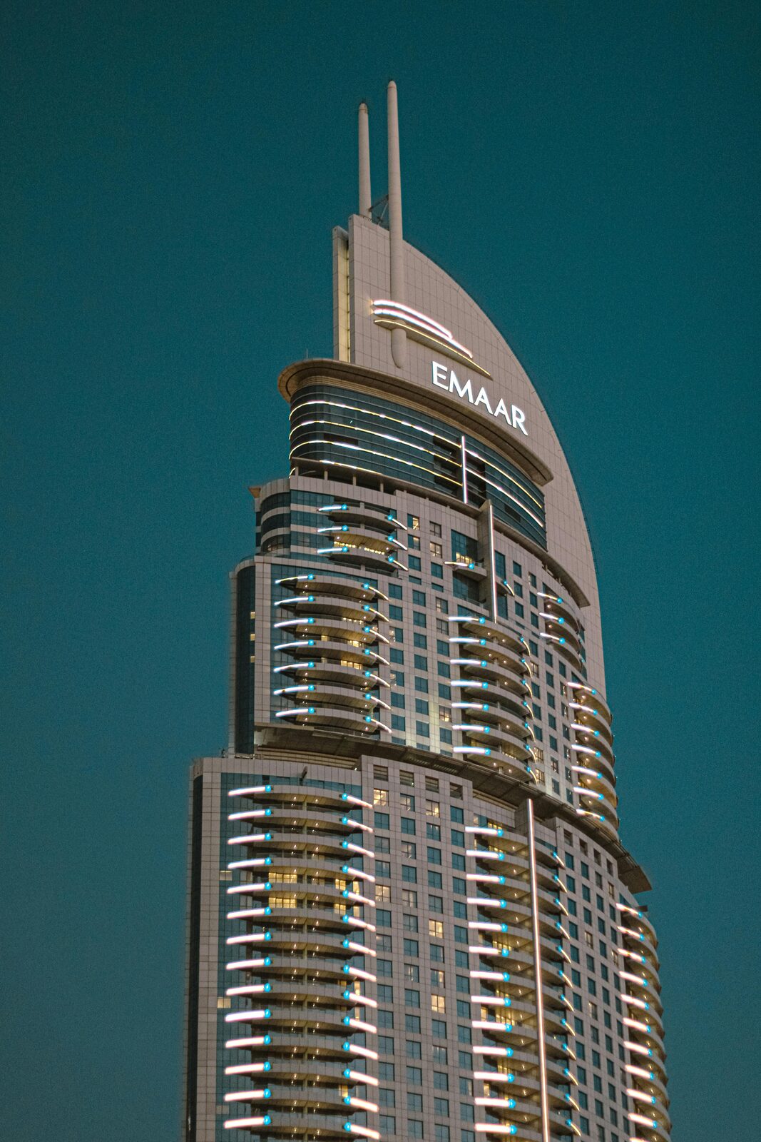 Illuminated contemporary tower in Dubai
