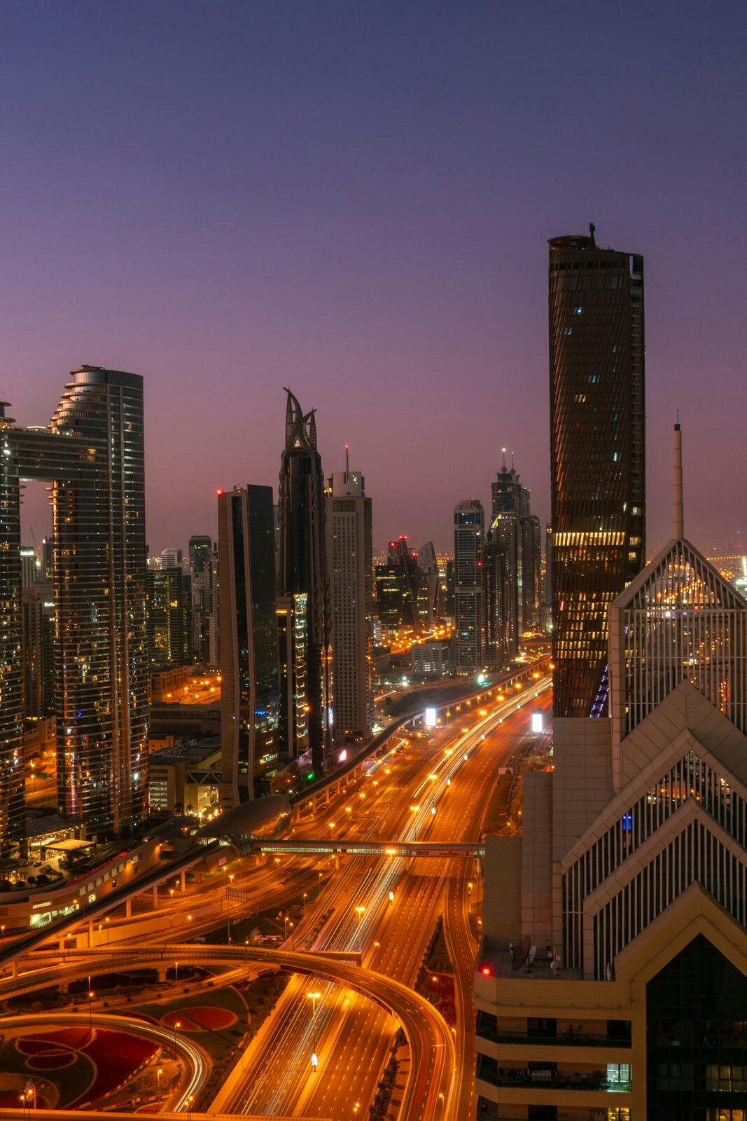 The Dubai skyline at sunset