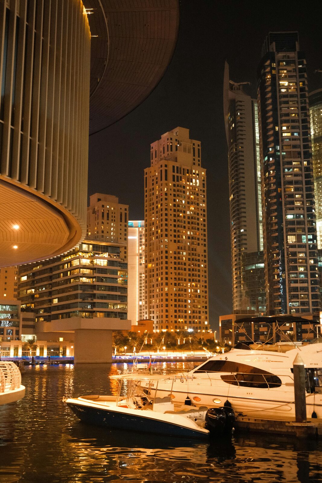 The Dubai skyline lit up at night