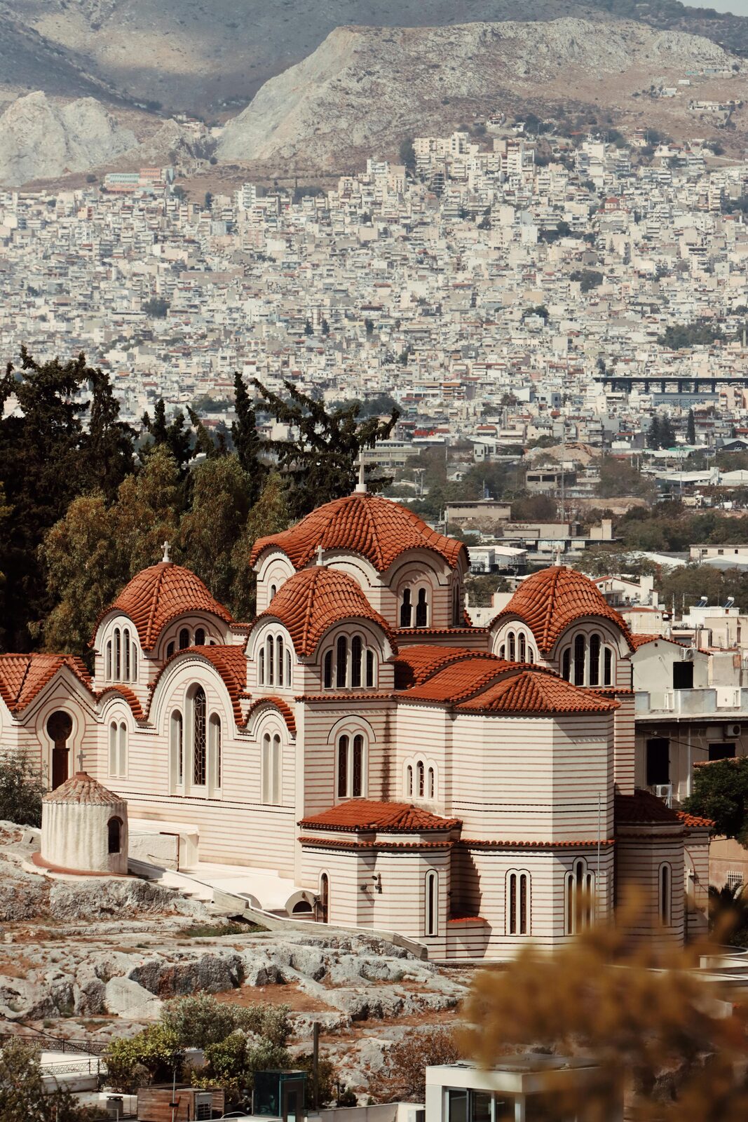 Greek Orthodox church with reddish domes