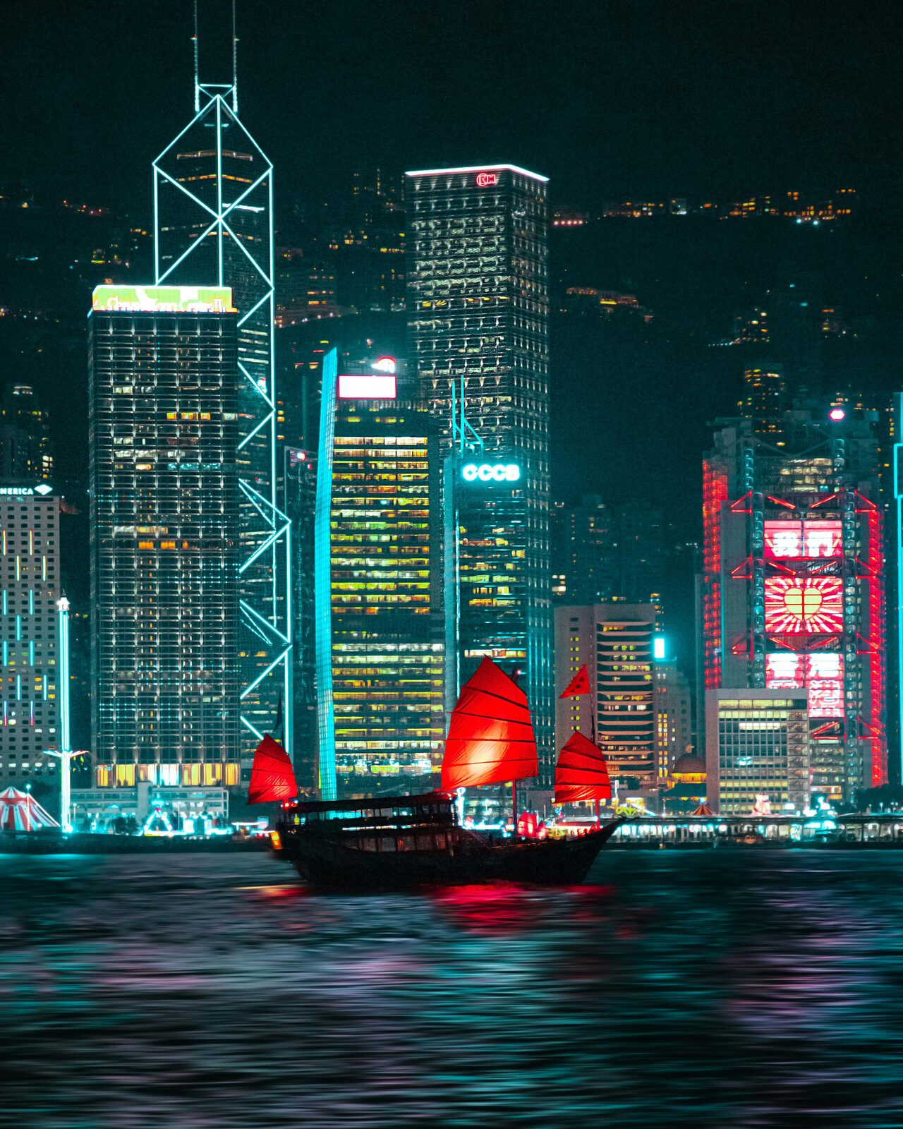 Central towers and the Bank of China illuminated at night