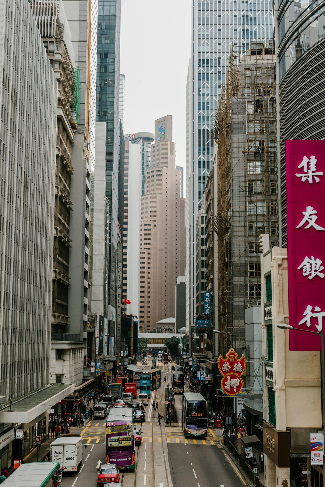 Sheung Wan street with Chinese signs and colonial architecture