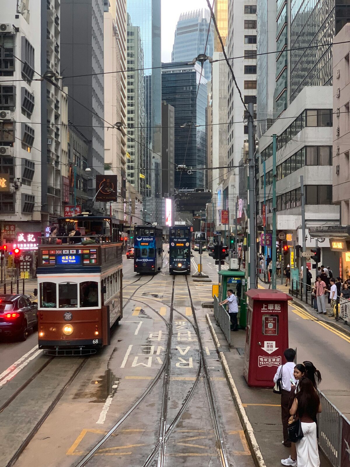 Double-decker tram on a Causeway Bay street