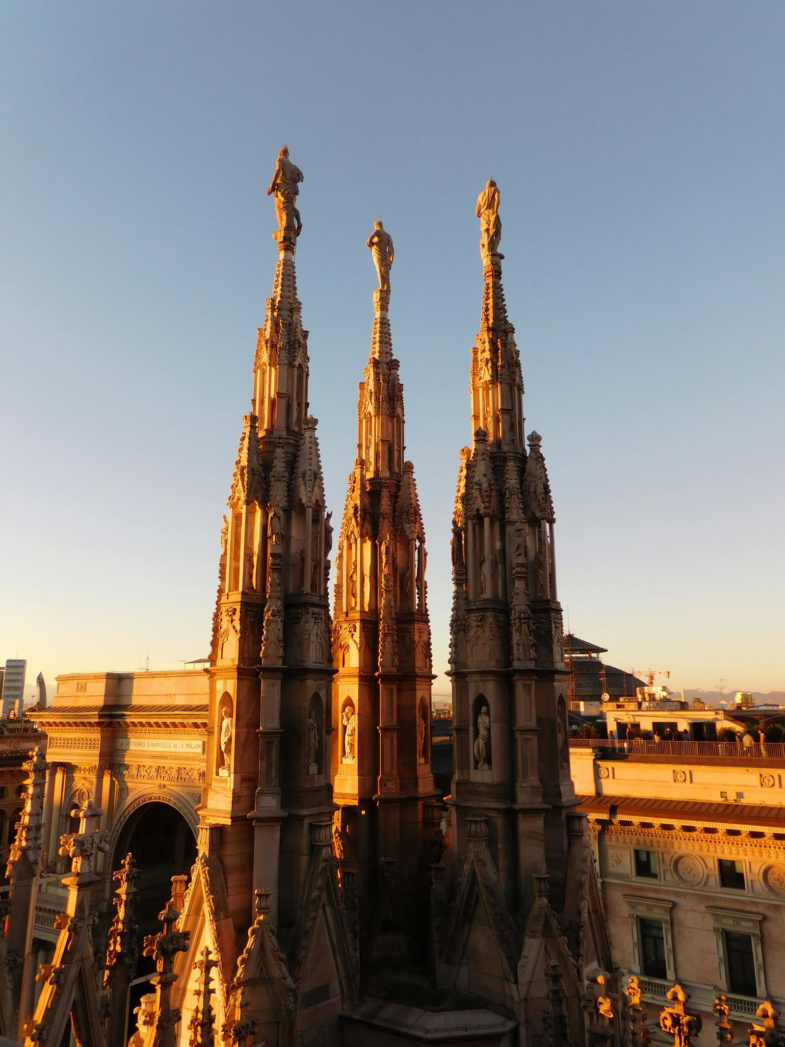 The pinnacles of Milan's Duomo at sunset