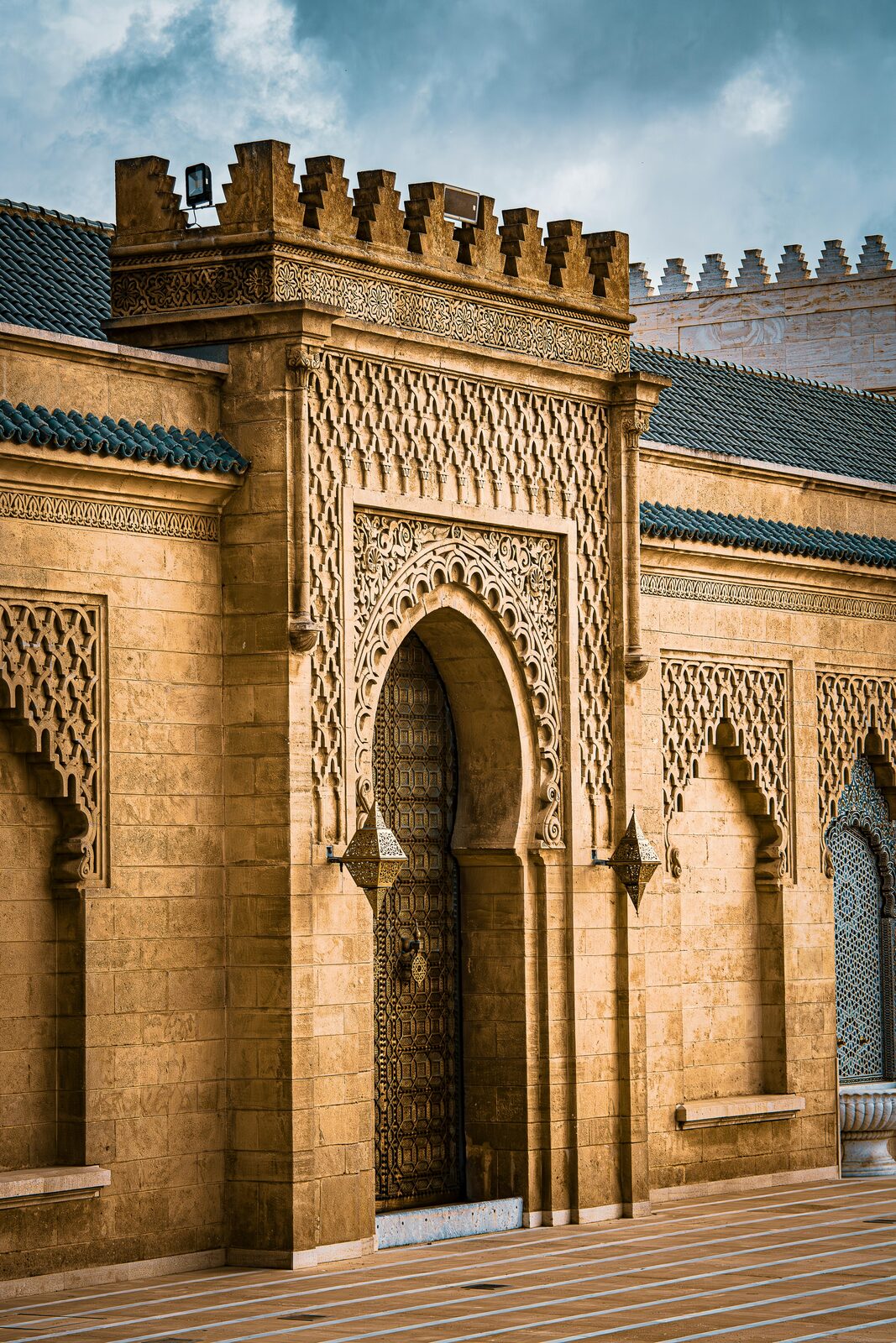 Carved door and zellige of Moroccan architecture