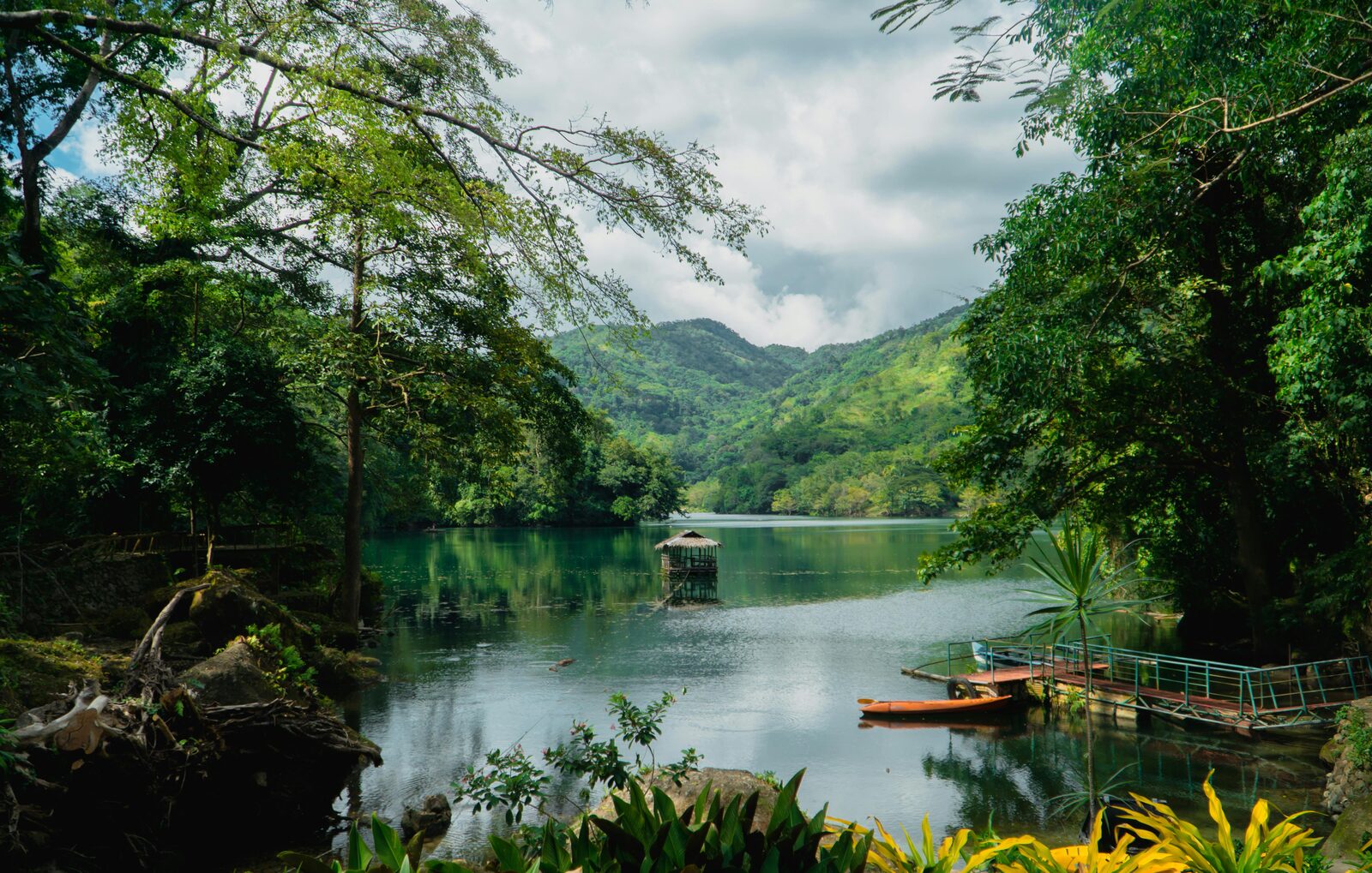 Valle verde de montaña con río en Jarabacoa, la Cordillera Central dominicana