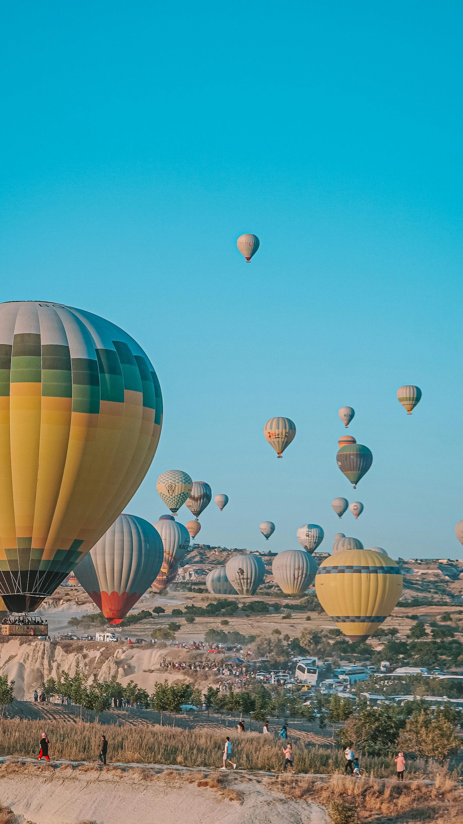 Hot-air balloons rising above the Cappadocia valleys at dawn