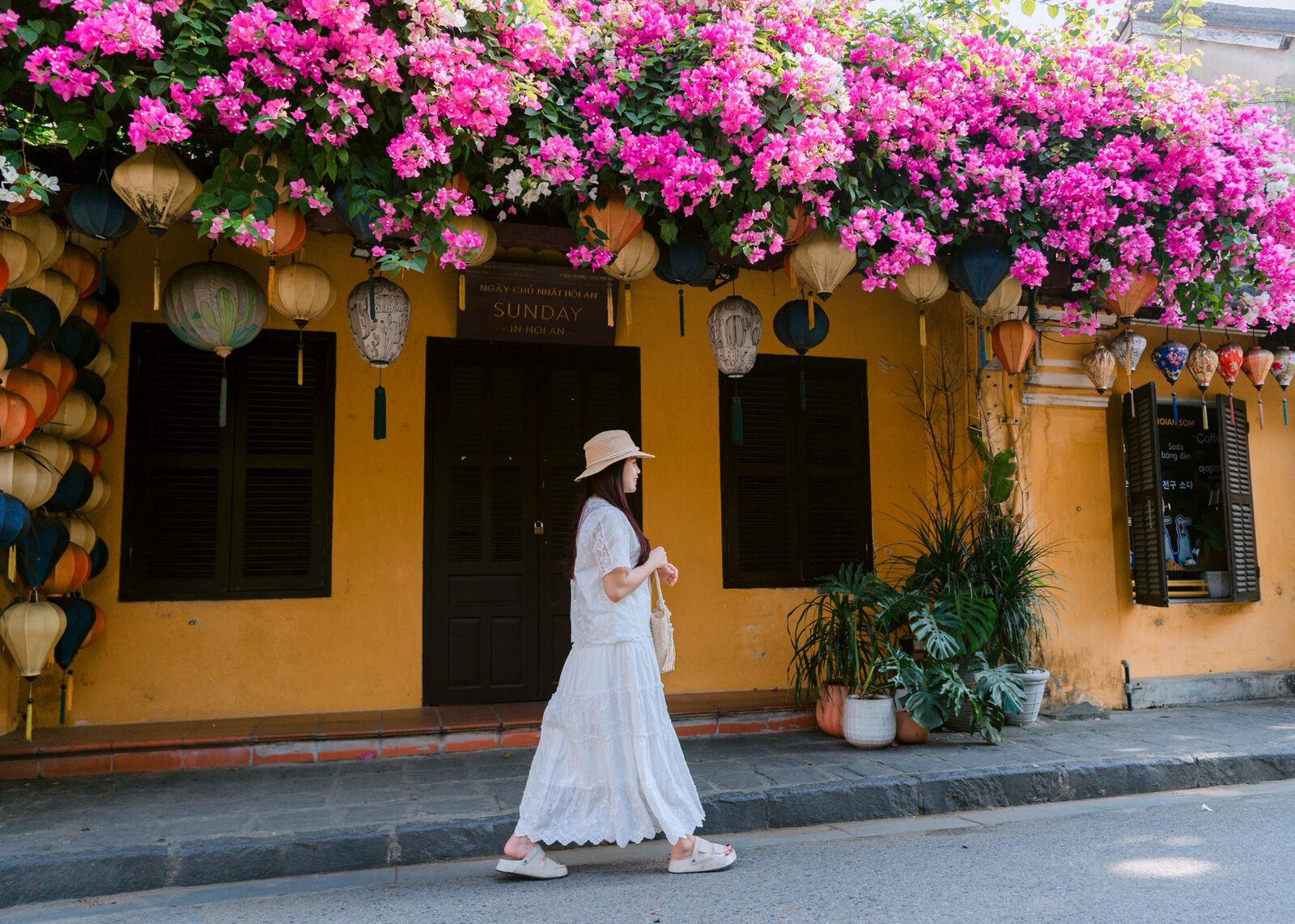 Casa amarilla de Hoi An con buganvilla en flor